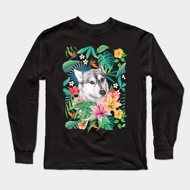 Tropical Siberian Husky 1 Long Sleeve T-Shirt by LulululuPainting